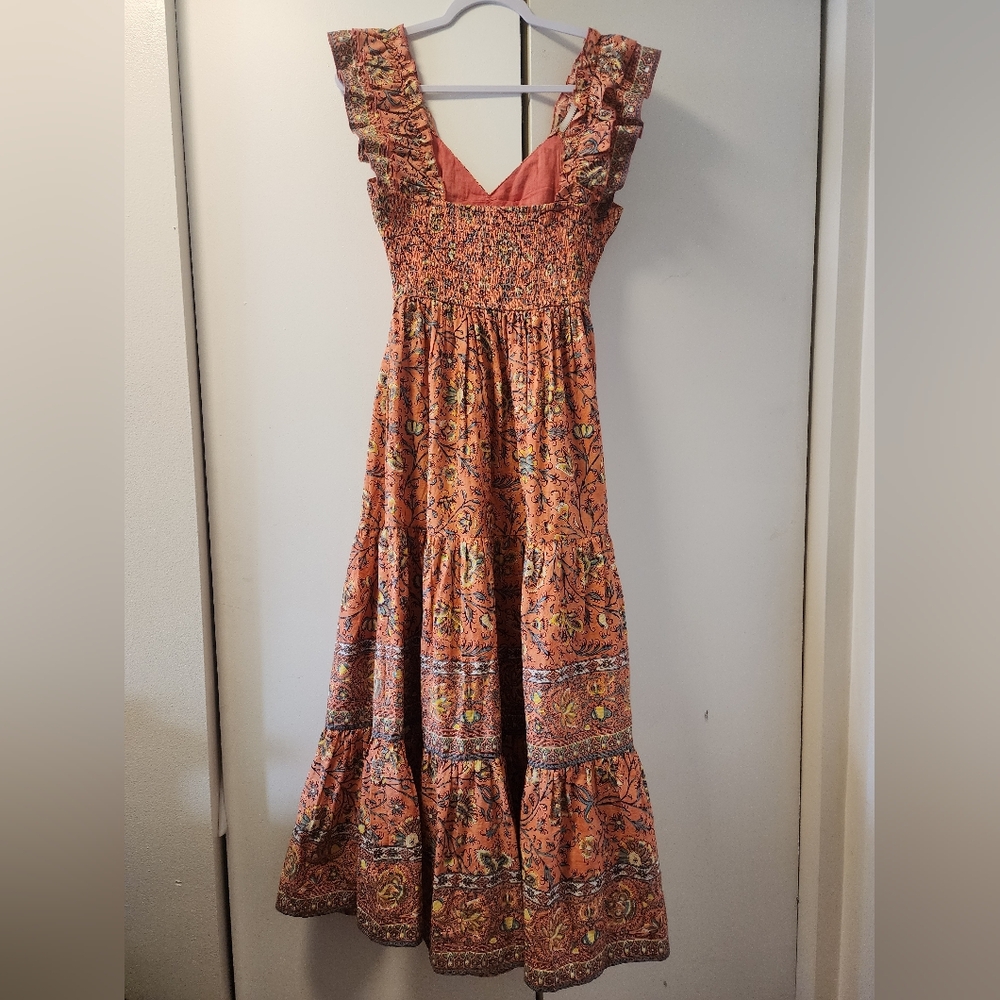 Scandi girl Dreamy Caroline Constas Coral Smocked Tier Maxi Nap Dress Small - Picture 4 of 6